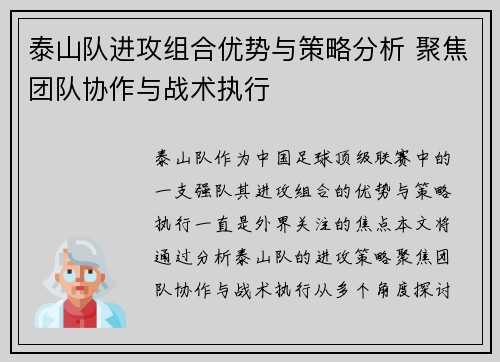 泰山队进攻组合优势与策略分析 聚焦团队协作与战术执行